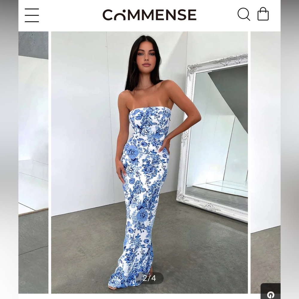 Commense Strapless Blue and White Floral Dress